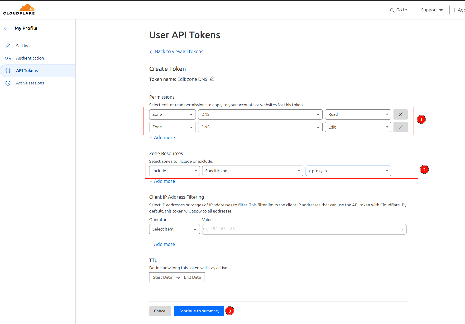 Cloudflare create token step 3