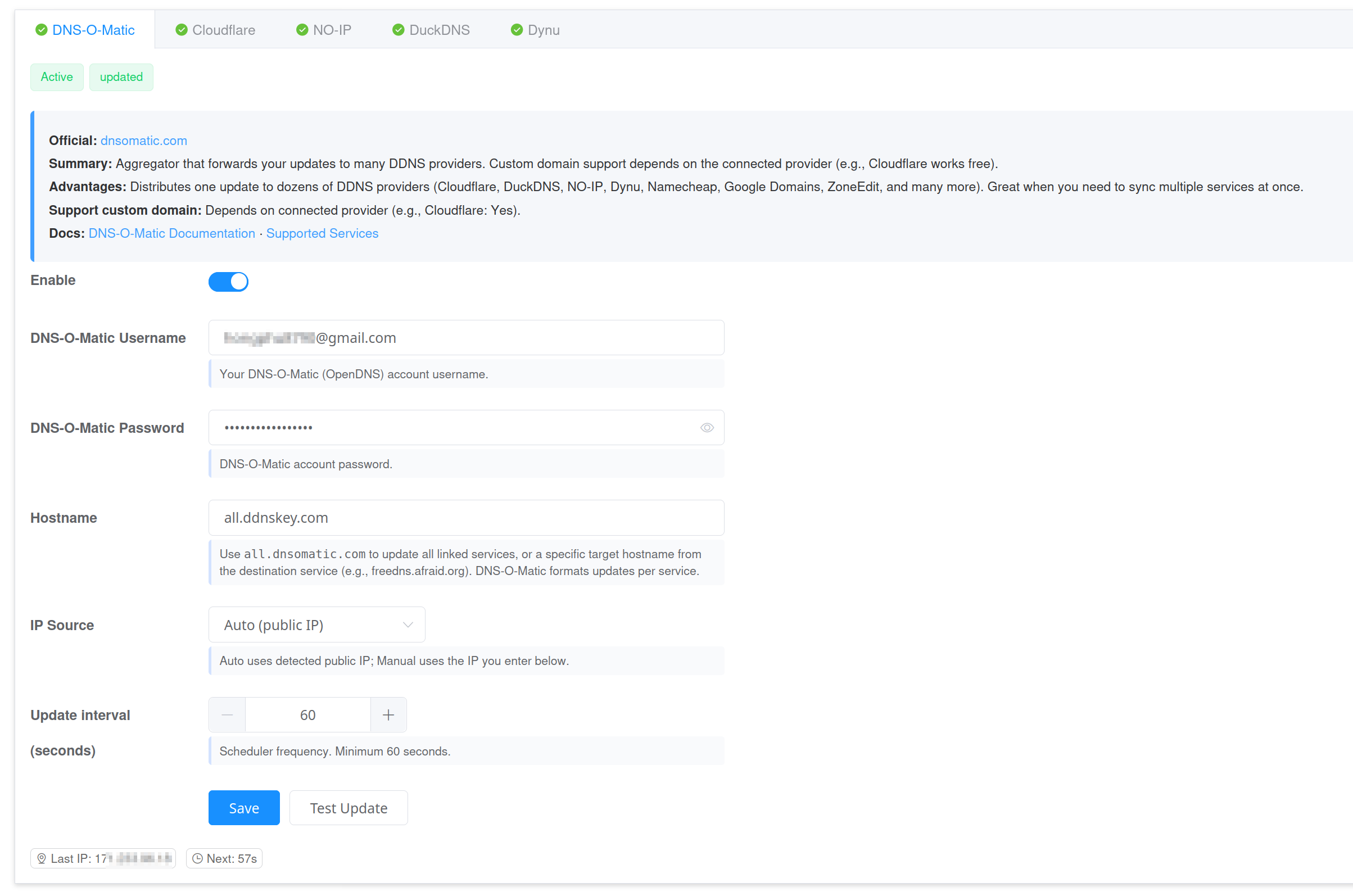 DNS‑O‑Matic settings