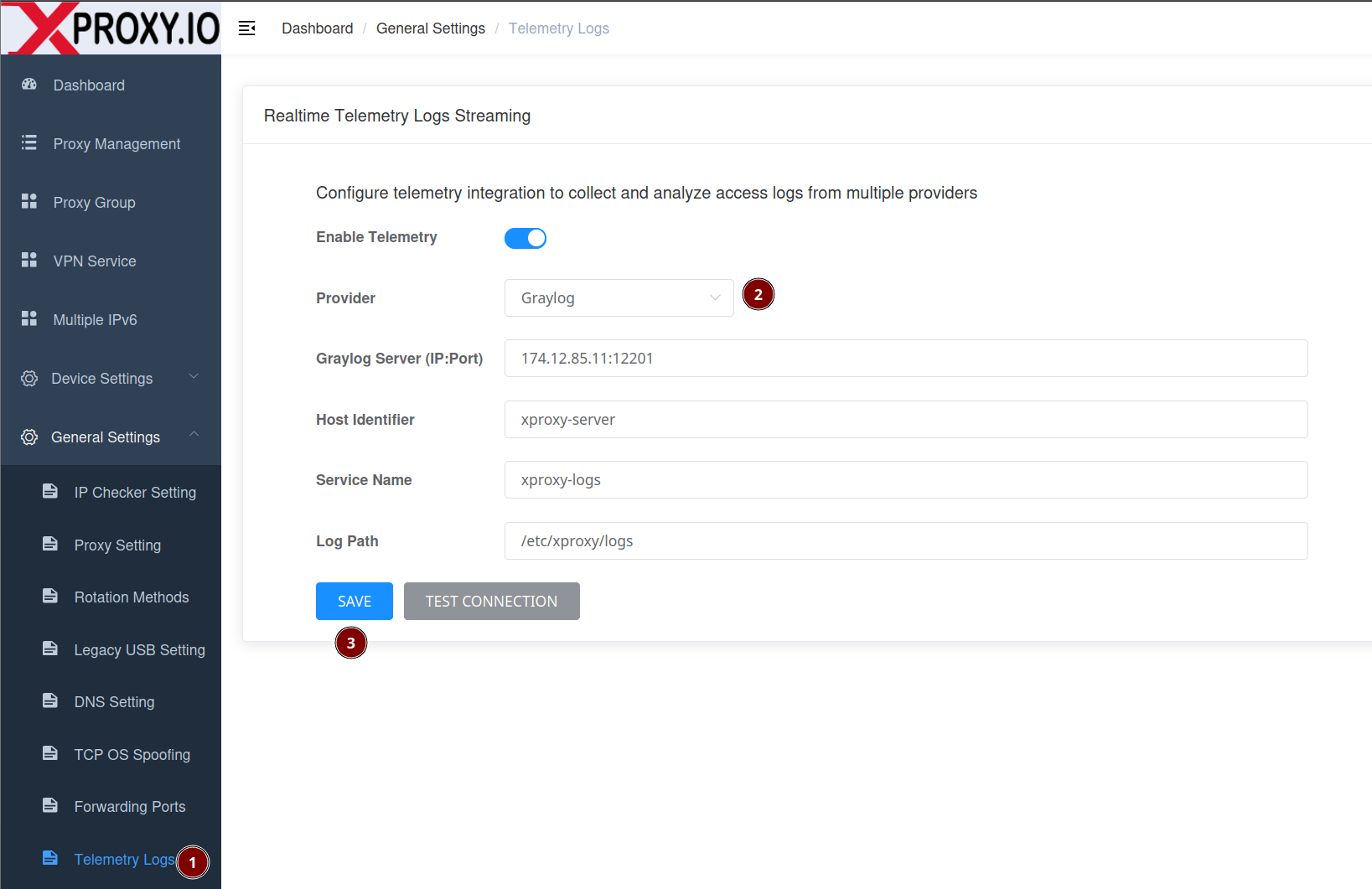 XProxy - Telemetry Logs form for Graylog