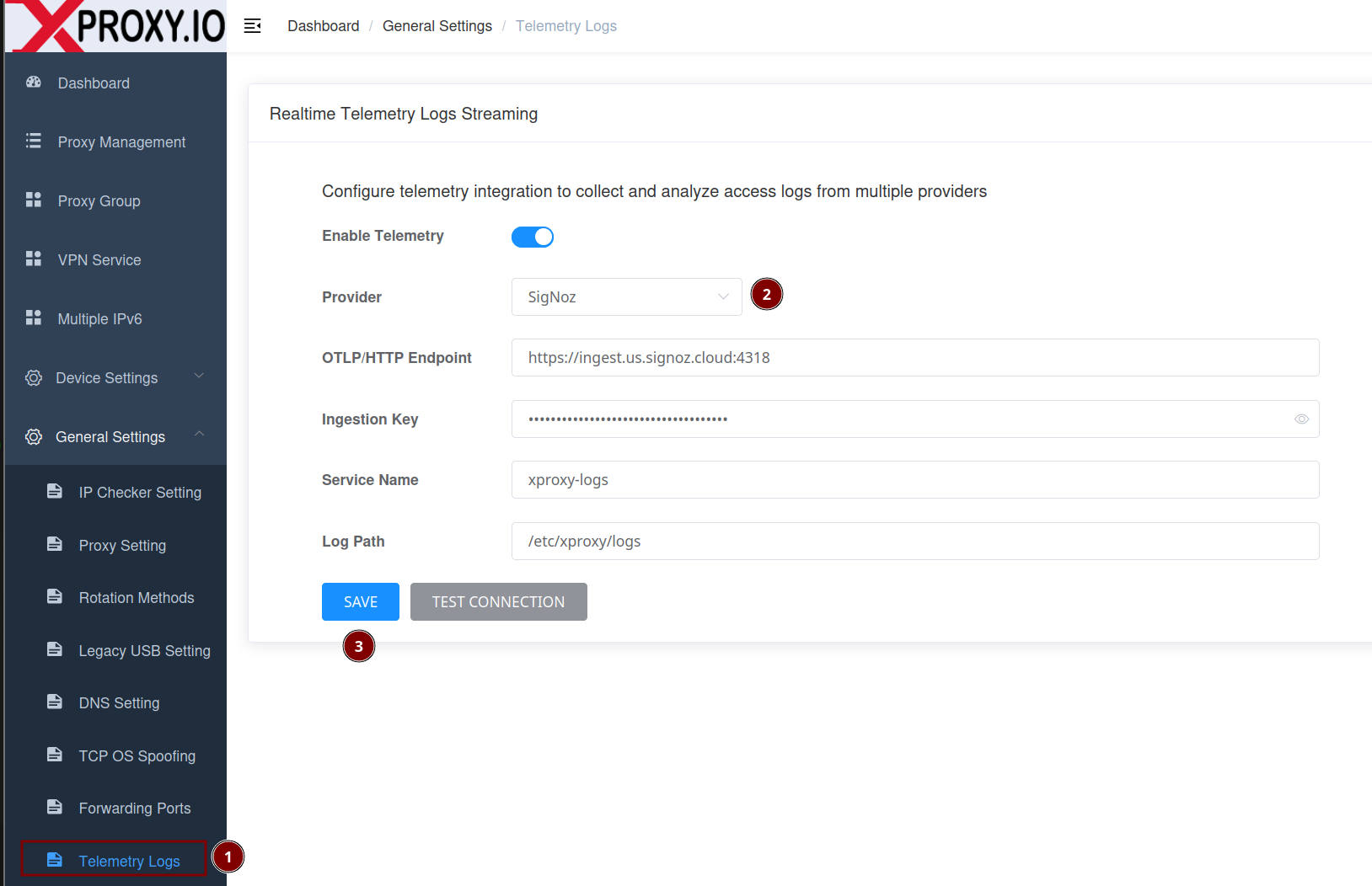 XProxy - Telemetry Logs form for SigNoz