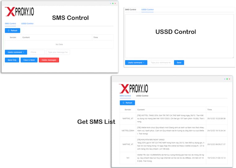 XProxy can read and send SMS, USSD directly through the control panel.