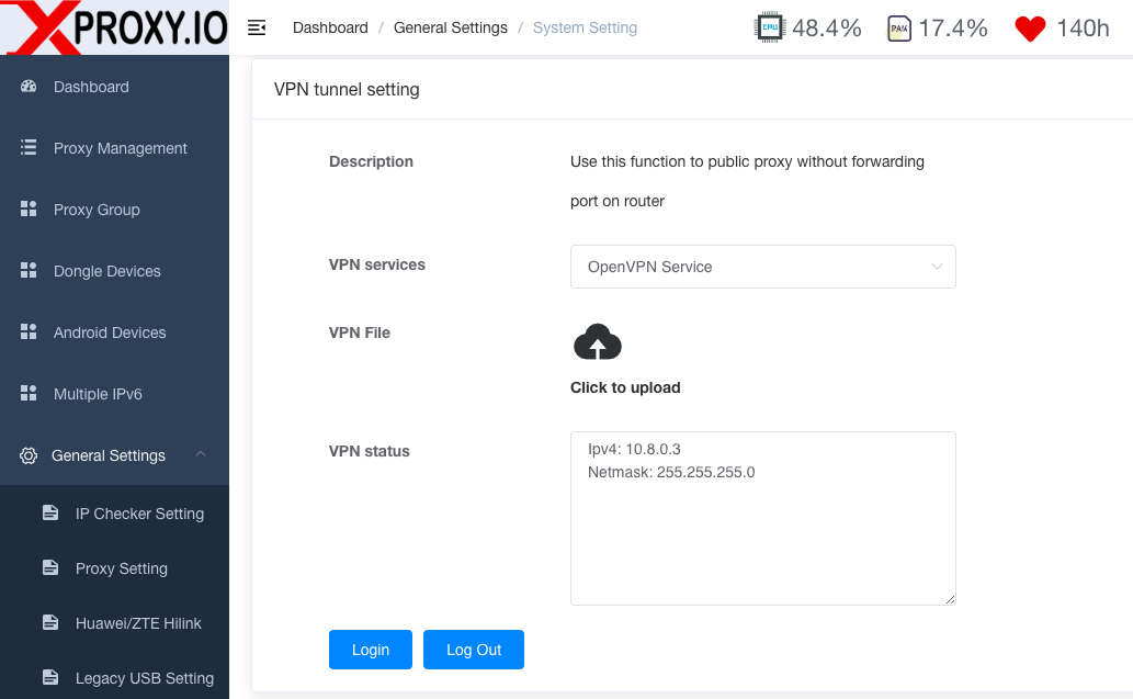 Upload openVPN and press Login to connect VPN between XProxy Server and VPS